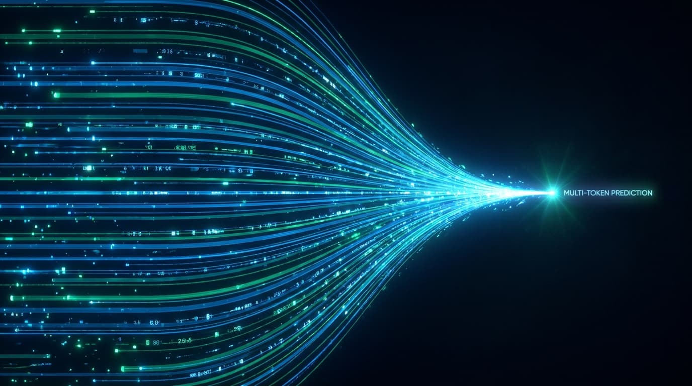 Abstract visualization of parallel data streams merging, symbolizing Gemma 4's faster multi-token prediction technology.