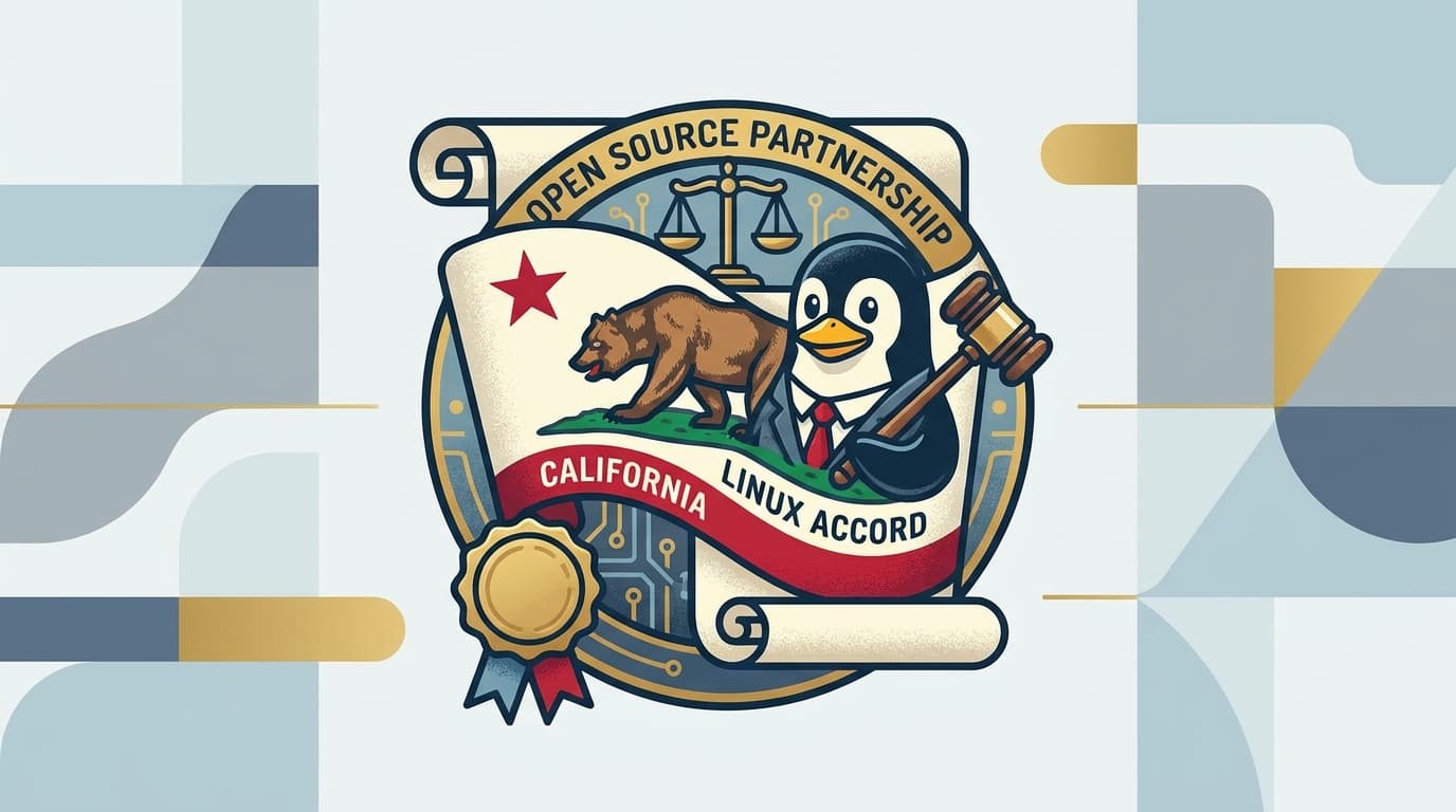 Illustration of the Linux penguin mascot next to the California state bear, representing the exemption of Linux from a state law.