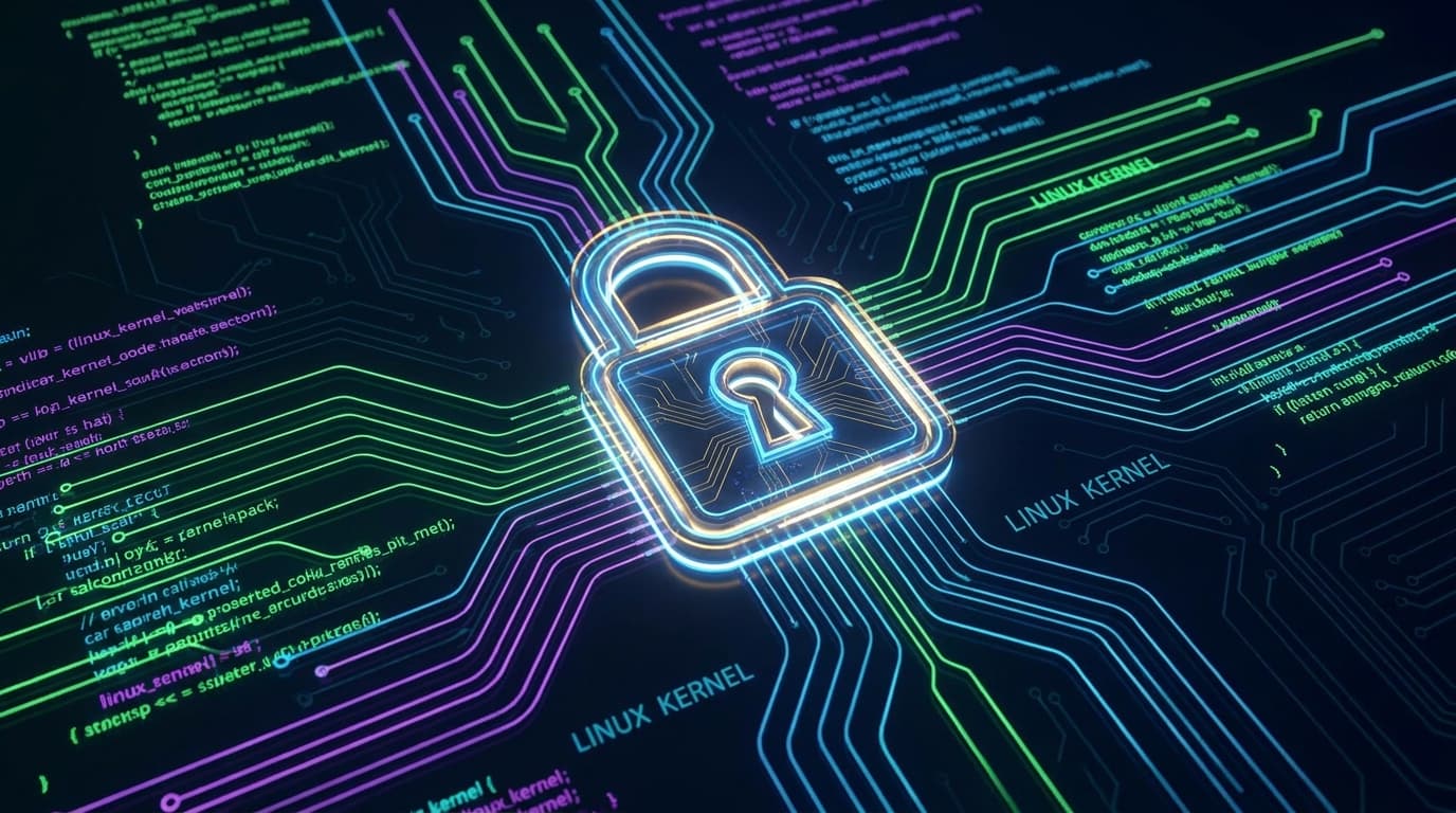 A secure lock icon over a background of code, symbolizing a security patch for the Linux kernel.