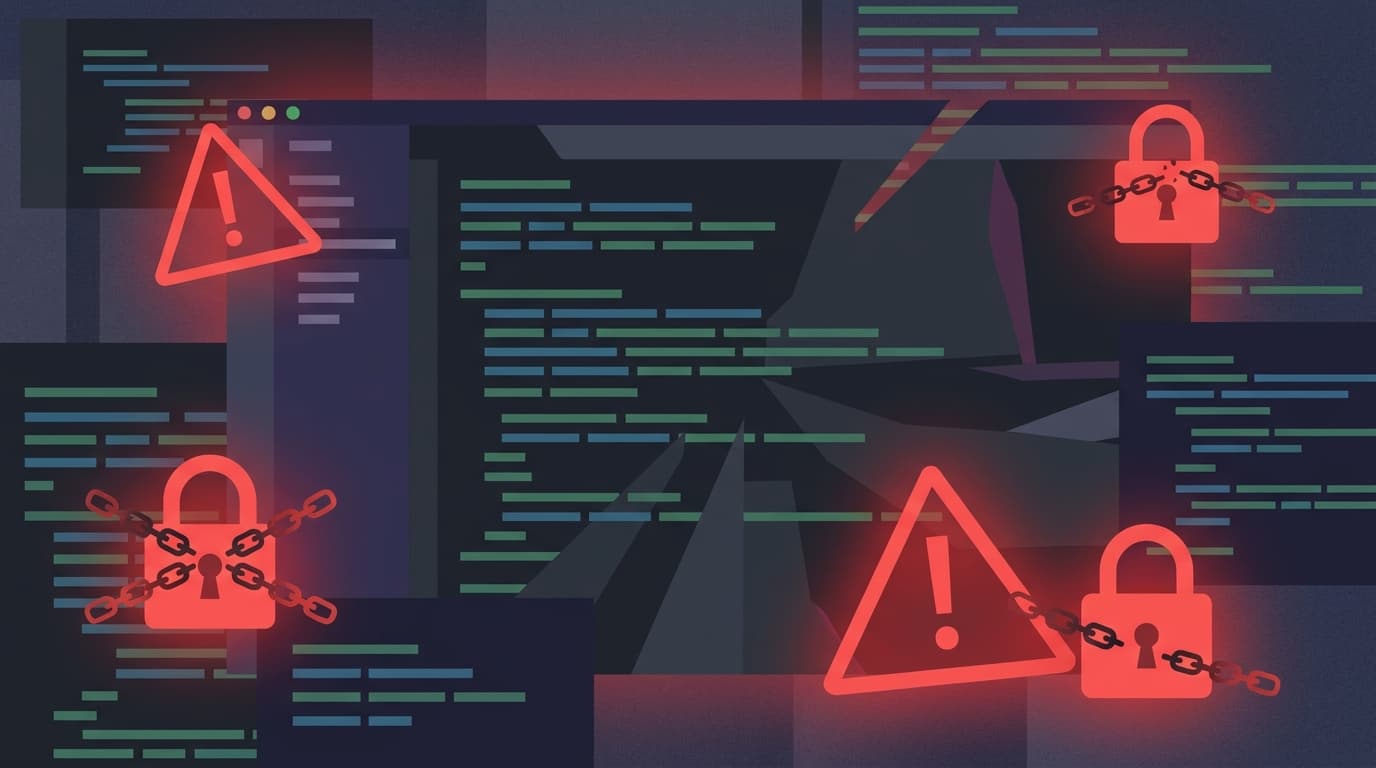 A red warning sign overlaid on a computer screen showing lines of code, symbolizing a security vulnerability in the Vim editor.