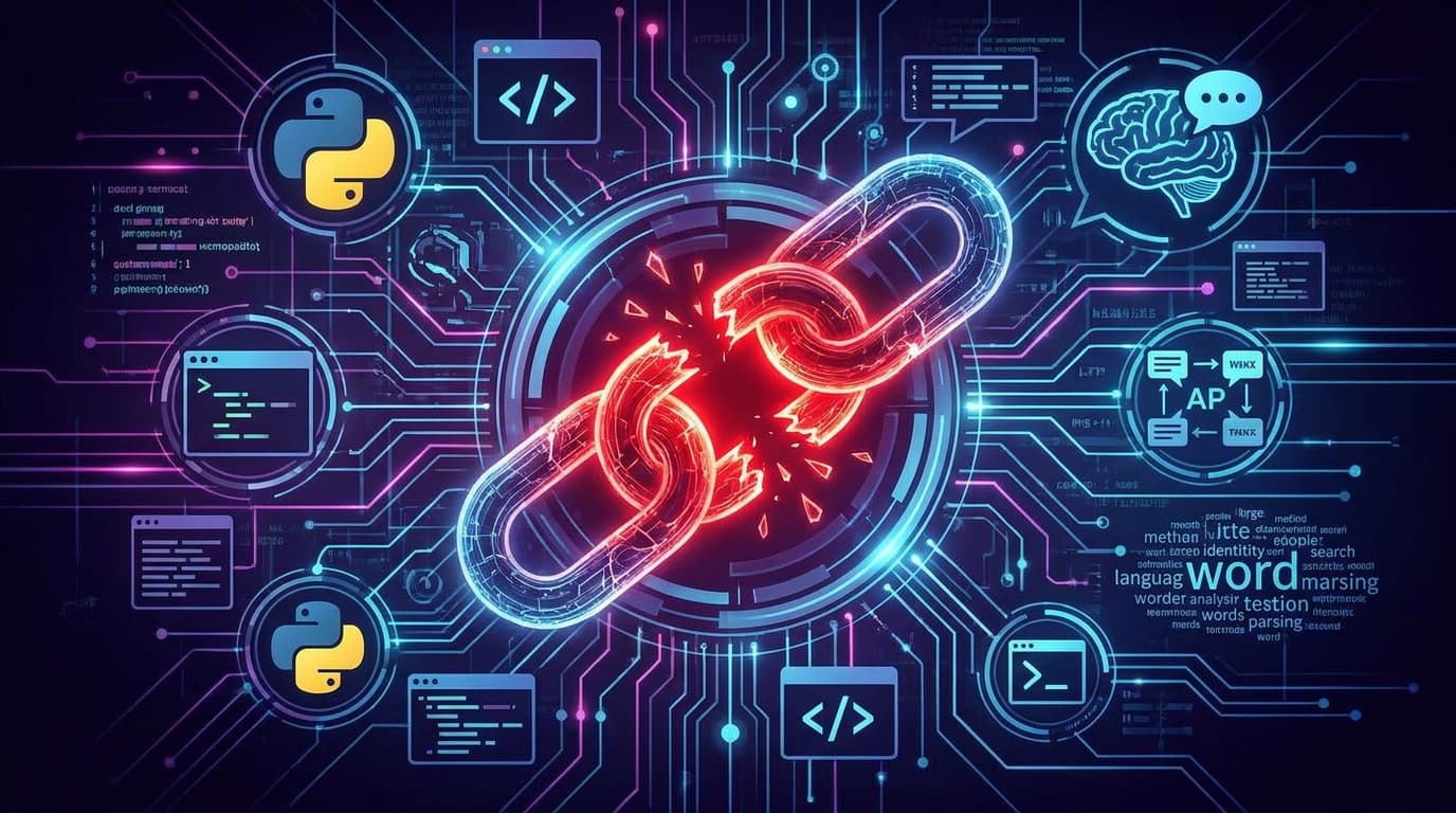 A conceptual image representing a software supply chain vulnerability in the NLTK Python library, showing a broken chain and code symbols.