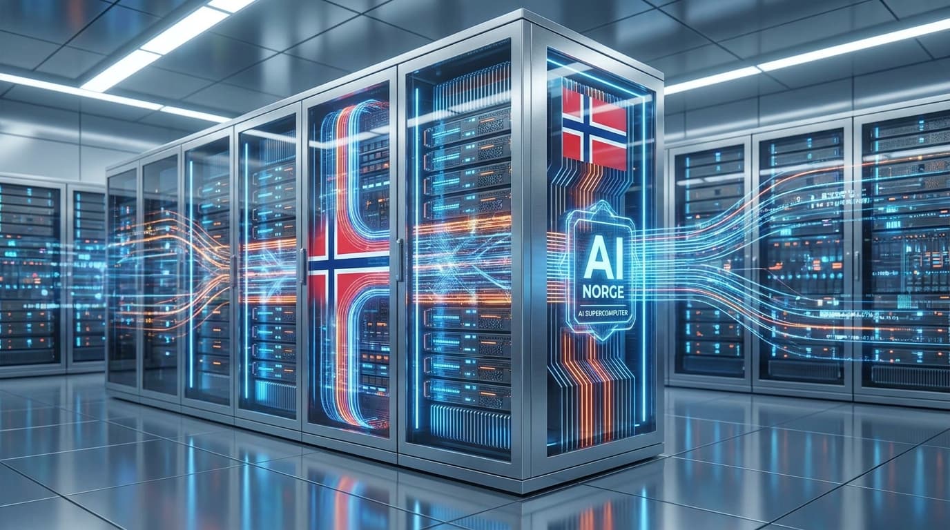 Server racks in a modern data center, symbolizing Norway's national AI infrastructure project powered by high-performance storage.