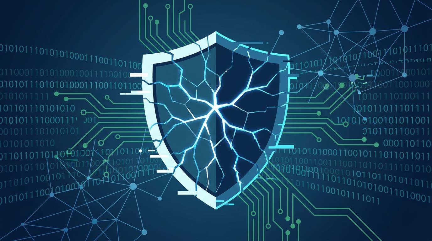 An abstract image of a cracked digital shield, symbolizing recent cybersecurity vulnerabilities in Linux and Microsoft Defender.