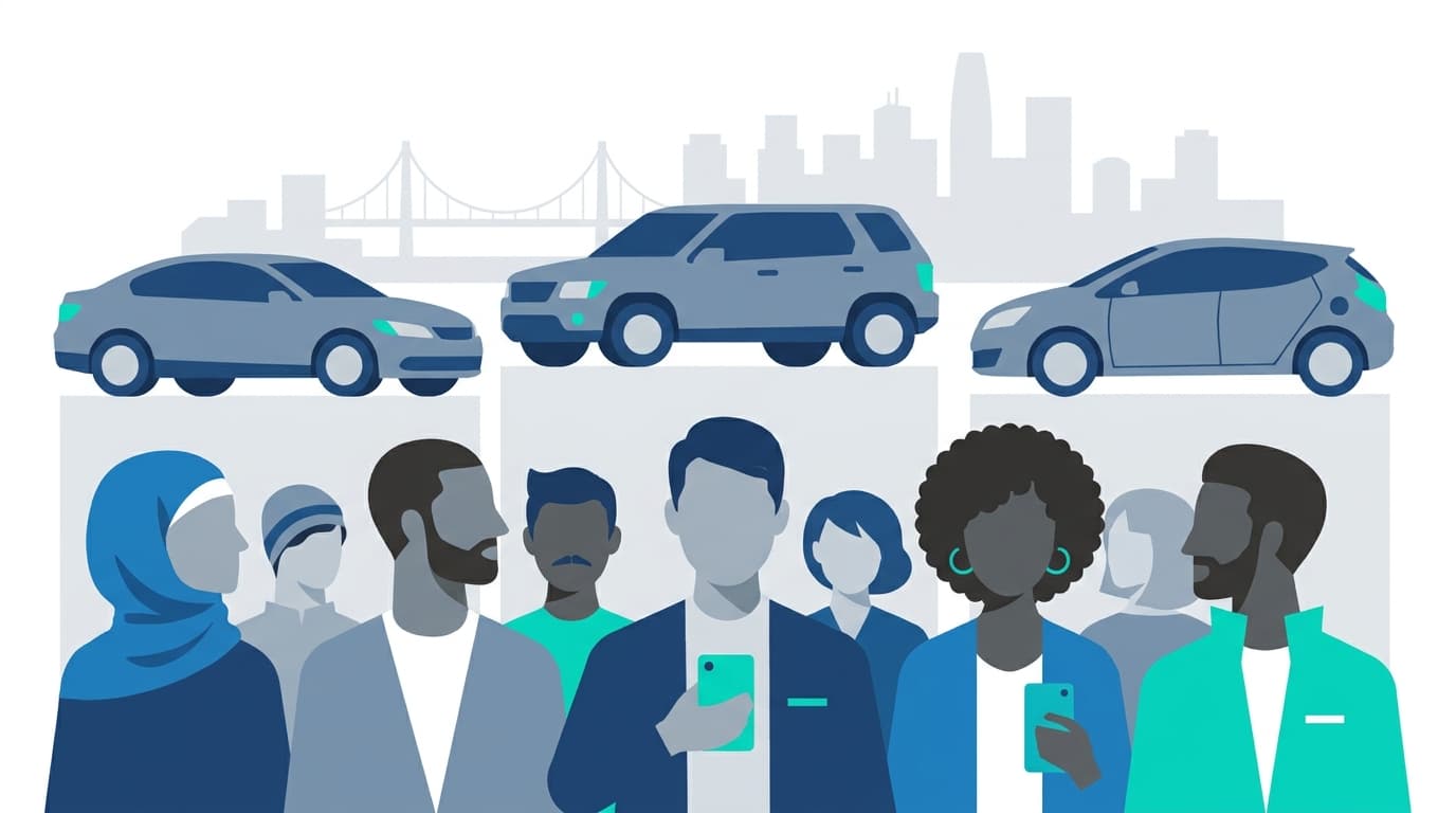 Illustration of diverse ride-share drivers united in front of a city skyline, symbolizing the formation of a new union.