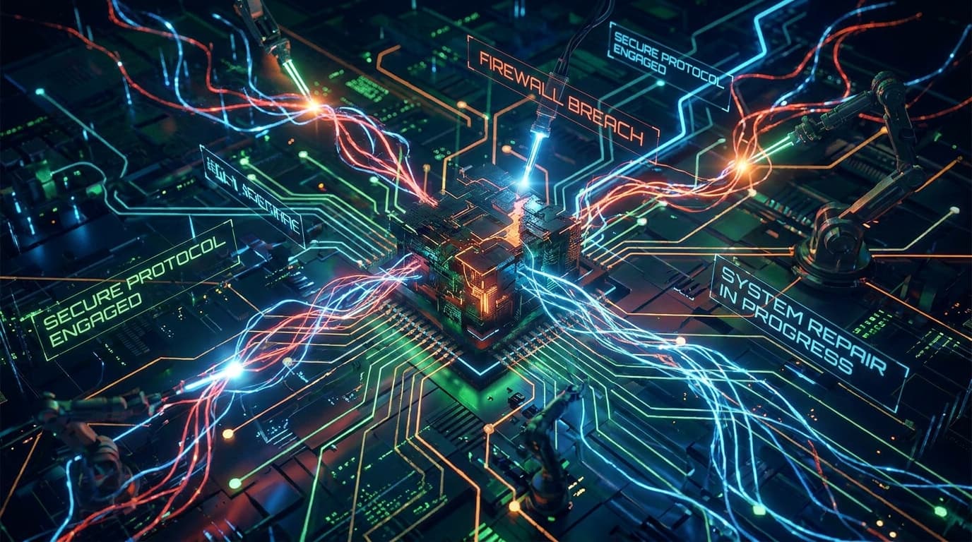 An abstract digital art piece showing a network's security records being corrected and updated.