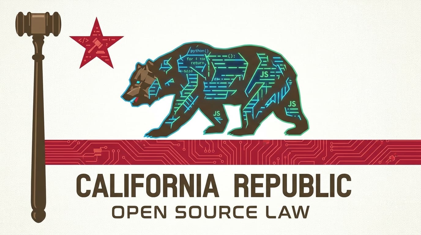 A gavel representing law rests on a background of the California flag and computer code, symbolizing the state's new tech legislation.