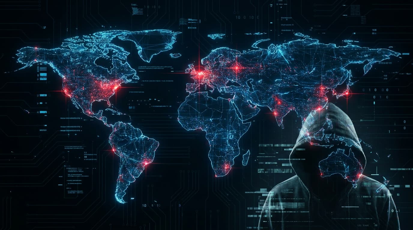 A digital representation of a global cyberattack, showing a world map with interconnected nodes and a shadowy figure symbolizing a hacker.