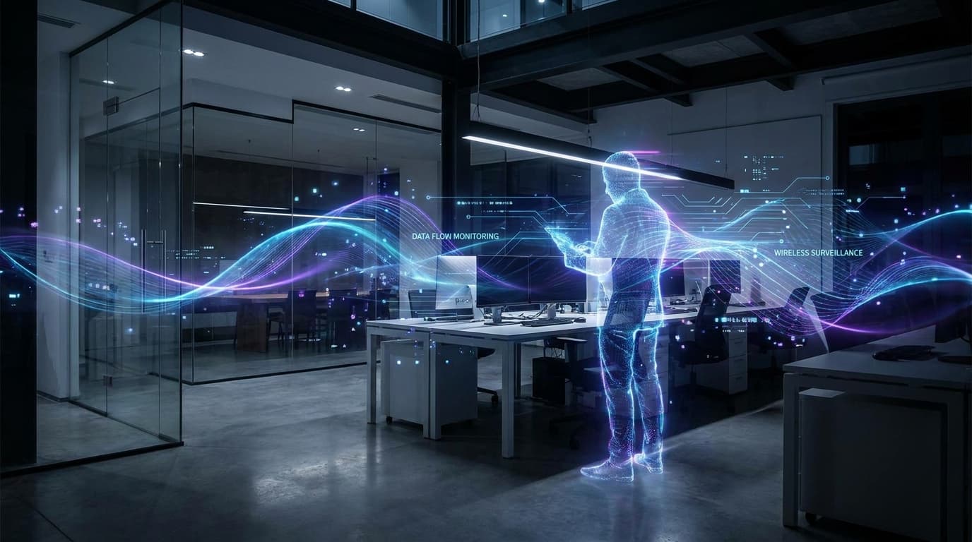 An abstract image showing Wi-Fi signals forming the silhouette of a person in an office, illustrating the concept of WiFi sensing for surveillance.