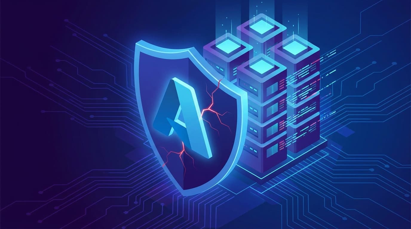 Abstract image of a cracked shield with the Azure logo, symbolizing a security vulnerability in the Azure Linux kernel.