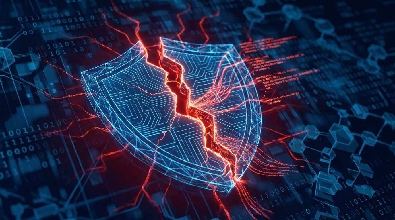 Abstract image of a digital shield with a crack, symbolizing a security vulnerability.