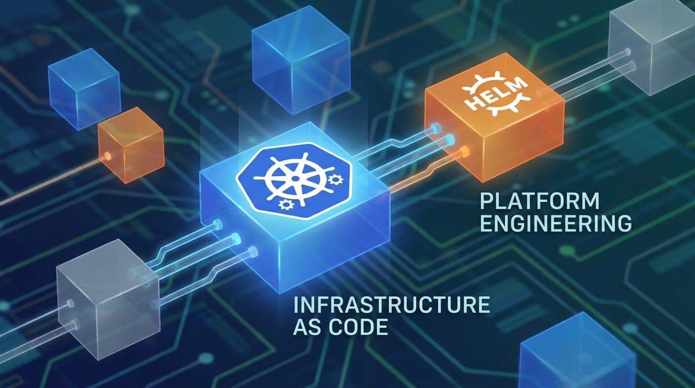 Abstract representation of Infrastructure-as-Code, with logos for Kubernetes and Helm integrated into a digital structure, symbolizing the formae update.