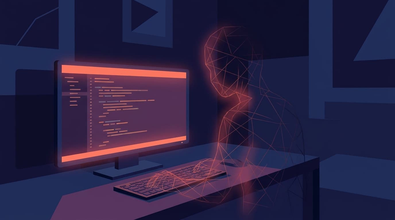 An illustration of a developer's computer screen showing code, with a shadowy threat symbol hovering over it, symbolizing a malware attack.