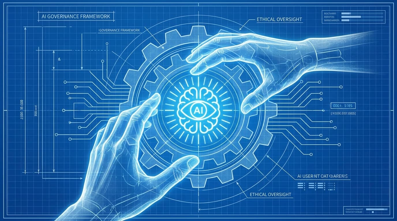 A conceptual diagram showing a framework for governing an AI, with human oversight ensuring quality and control.