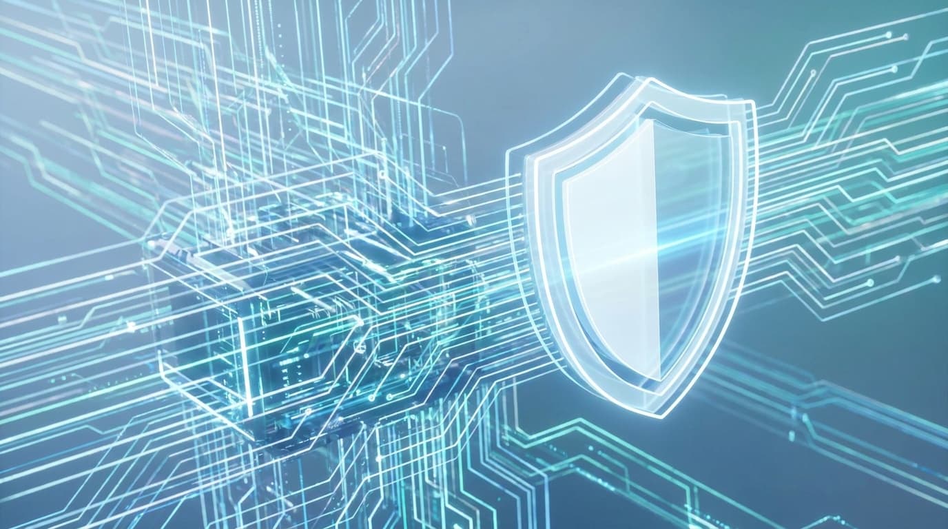 An abstract digital illustration of a shield protecting a network of data, symbolizing AI governance and data security.