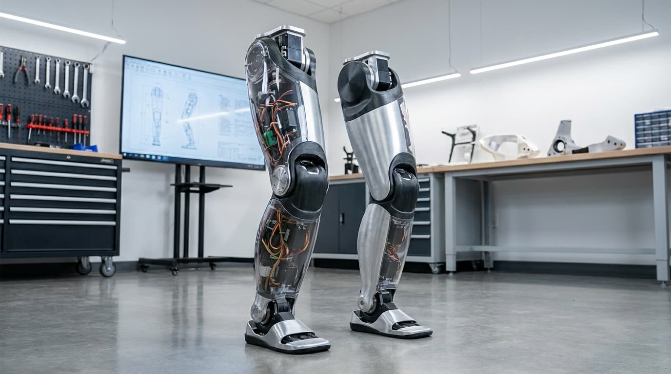 A pair of 3D-printed humanoid robot legs from Hugging Face's open-source LeRobot project, shown in a workshop setting.