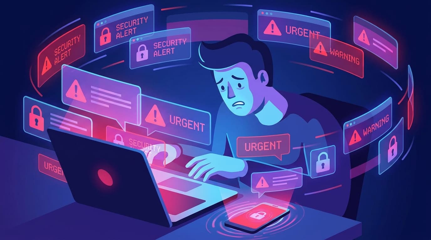 An illustration of a person overwhelmed by a barrage of multi-factor authentication prompts on their devices.