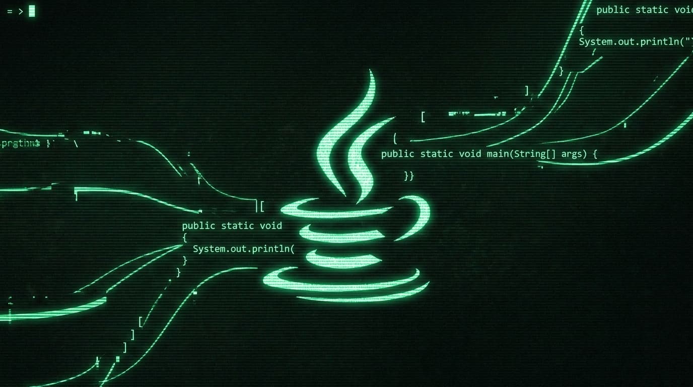 Abstract art of a Java-based terminal user interface, showing glowing code.