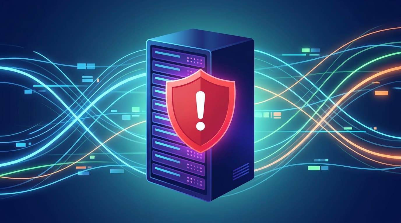 A server icon with a security warning shield, symbolizing a vulnerability in network infrastructure like Dnsmasq.