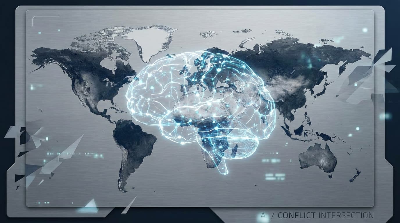 A digital representation of AI's role in global affairs, showing a neural network over a world map.