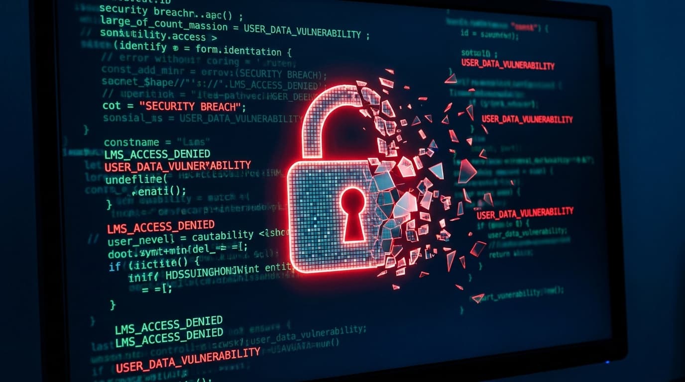 A broken digital padlock symbolizing a security vulnerability in a learning management system, with code in the background.