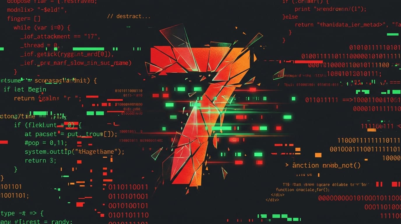 Abstract visualization of a data breach, with a fractured number '7' leaking digital information.