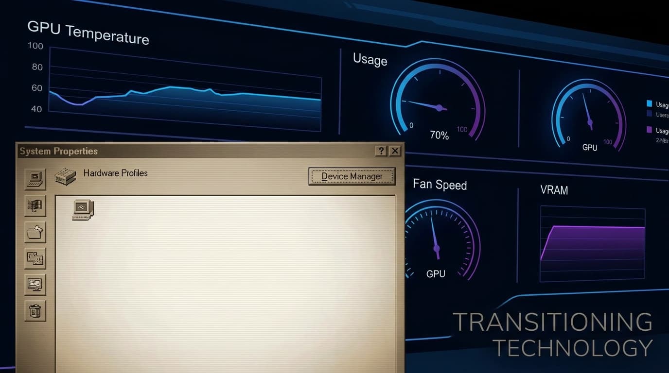 A modern Nvidia App interface showing GPU statistics, with the old, retired Nvidia Control Panel icon fading into the background.