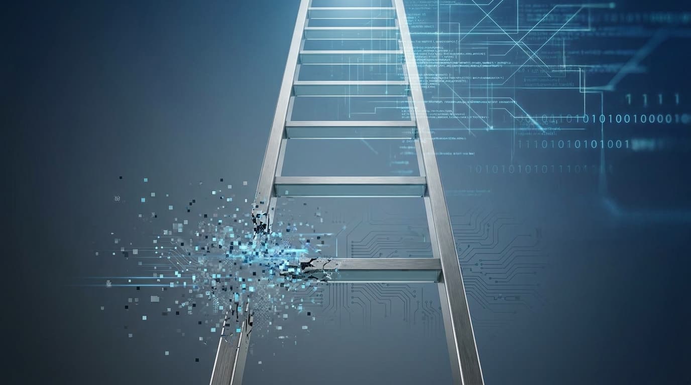 A conceptual illustration of a career ladder where the bottom rung is fading away, symbolizing the impact of AI on entry-level jobs.