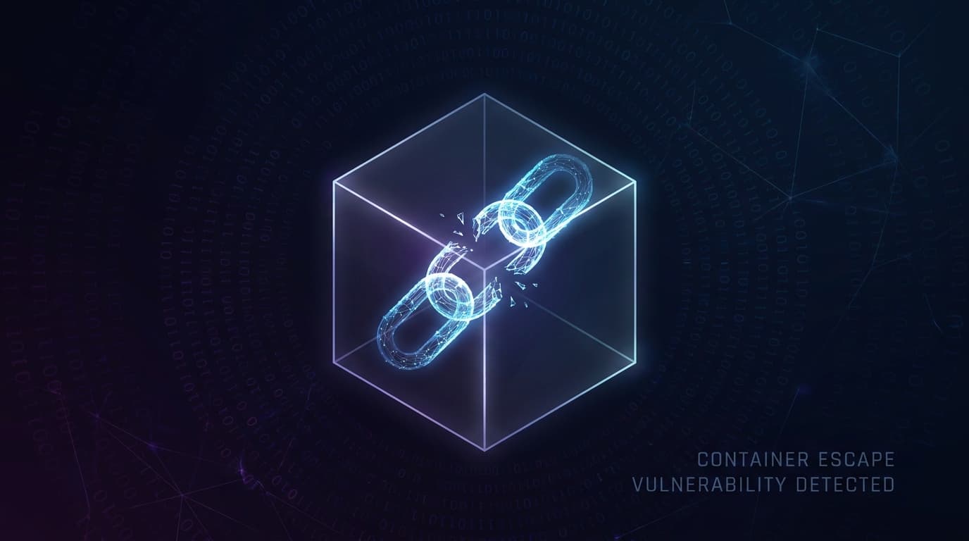 Abstract image representing a Linux kernel container escape vulnerability, with a broken chain inside a digital cube.