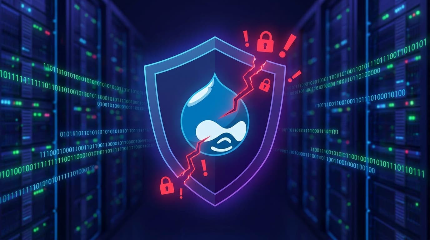 A shield with the Drupal logo is cracked, symbolizing a security vulnerability, set against a dark server room background.
