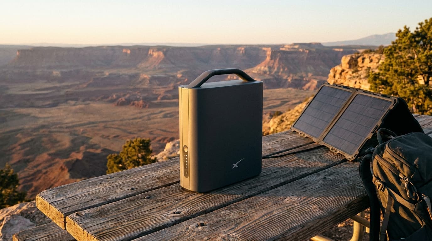 A portable, battery-powered Starlink Mini satellite dish designed for remote internet access.