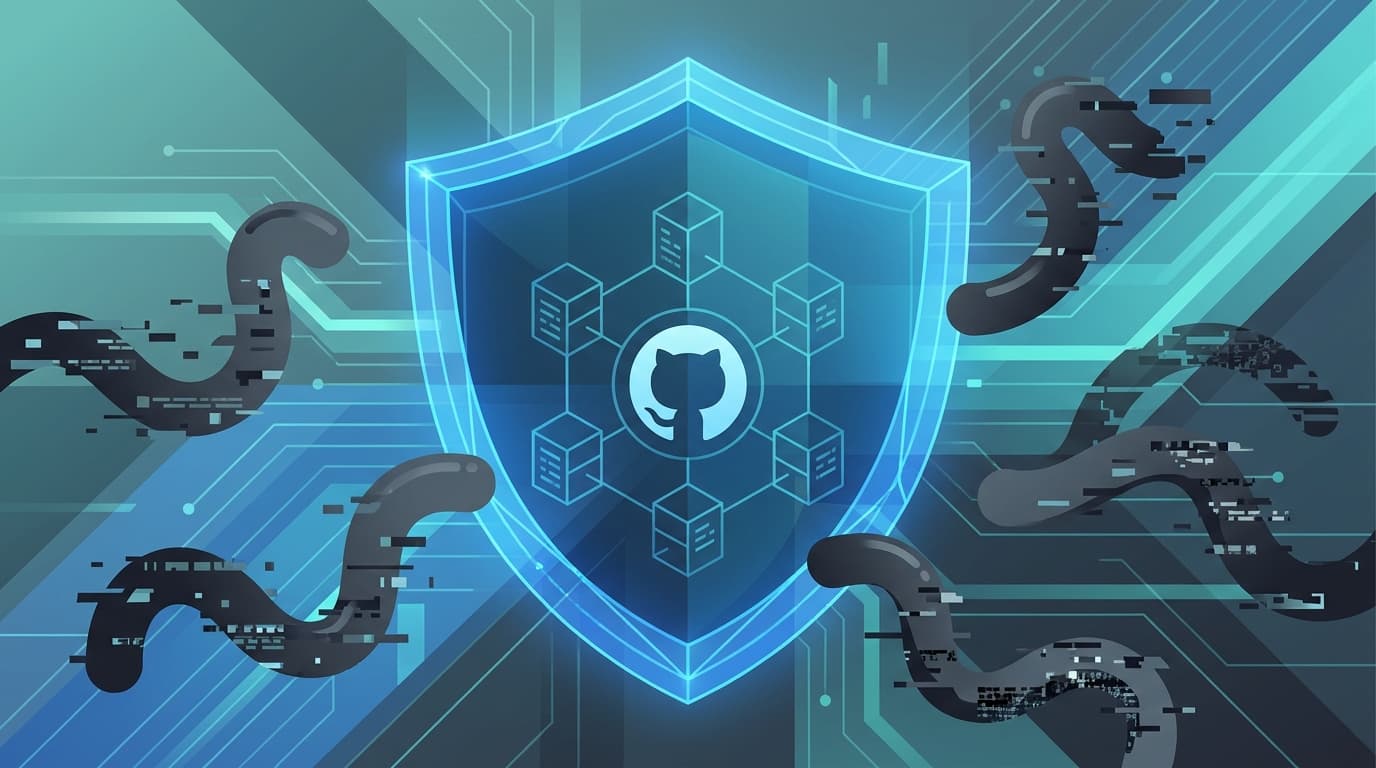 Abstract representation of cybersecurity protecting the software supply chain from malware attacks.