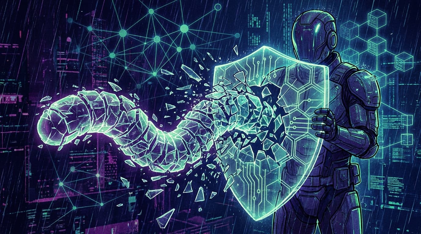 An abstract visualization of the Glassworm botnet's takedown, showing a fractured glass-like entity being disrupted by a digital security shield.