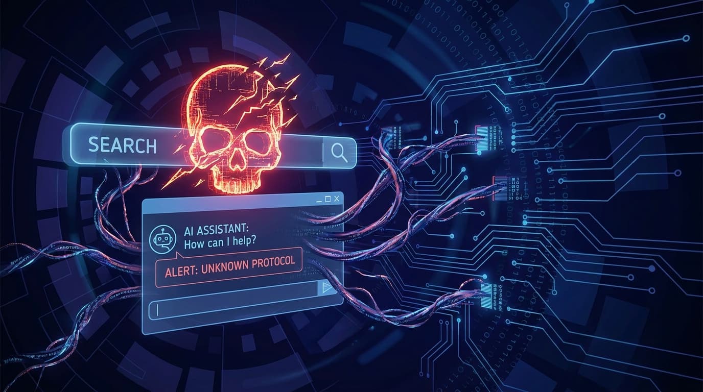 A computer virus icon spreading from a search engine result to an AI chatbot, representing malware distribution.