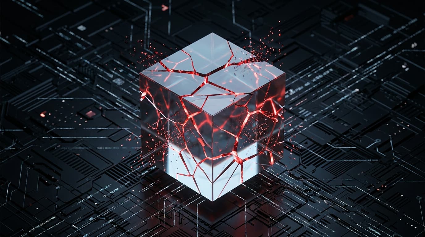 Abstract image of a cracked digital block, representing a security vulnerability in the libcaca library.