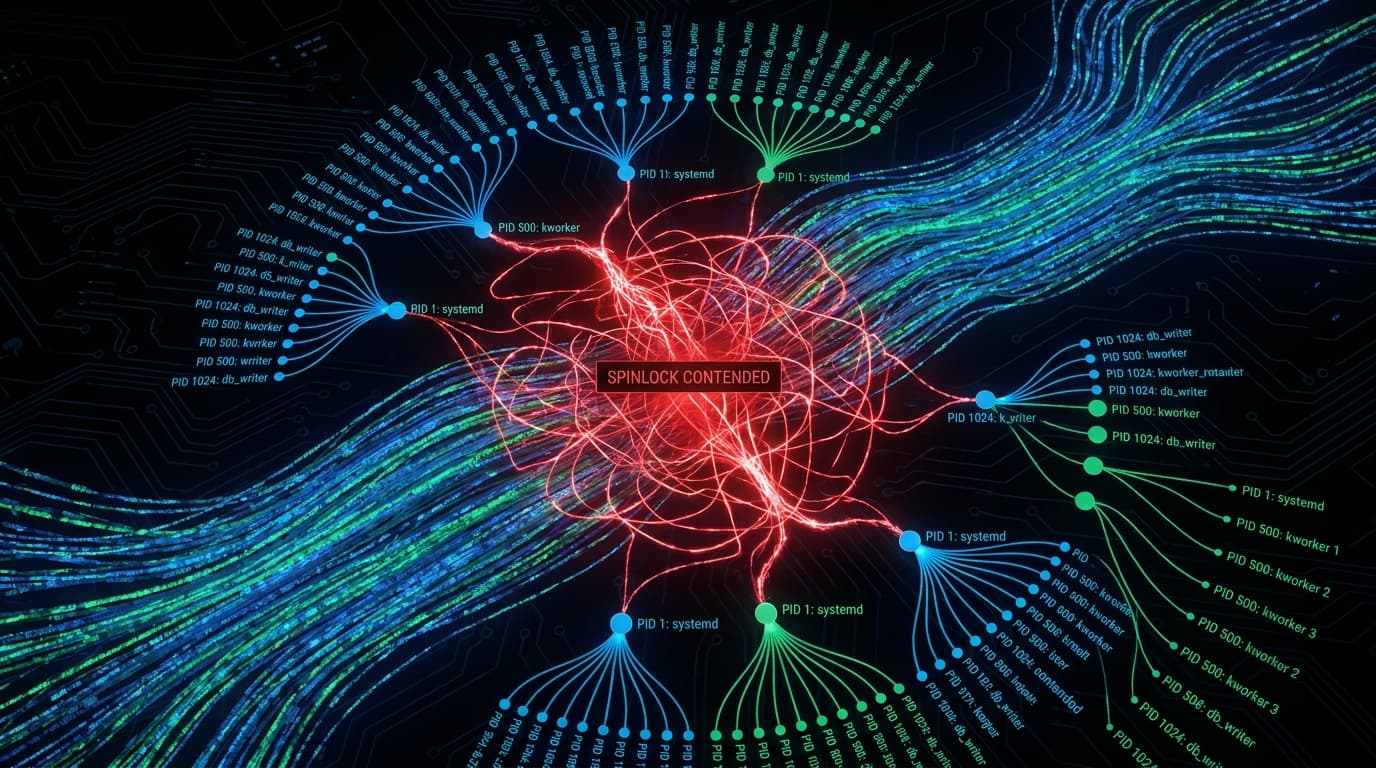 Conceptual art of a system kernel lock contention, showing data flows converging on a single bottleneck.