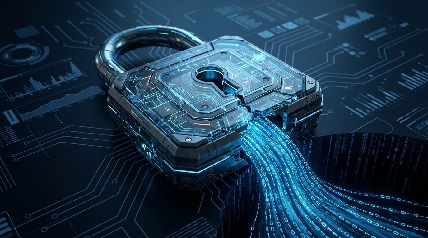 A conceptual image of a security vulnerability, showing a broken digital lock symbolizing a data leak from a caching system.