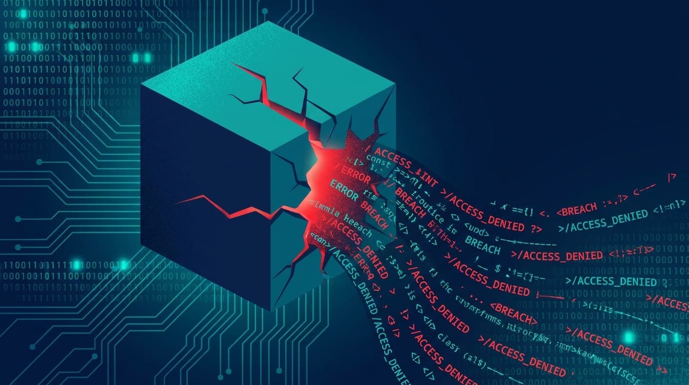 A conceptual image representing a security vulnerability in a software container, with a glowing red crack showing data leaking out.