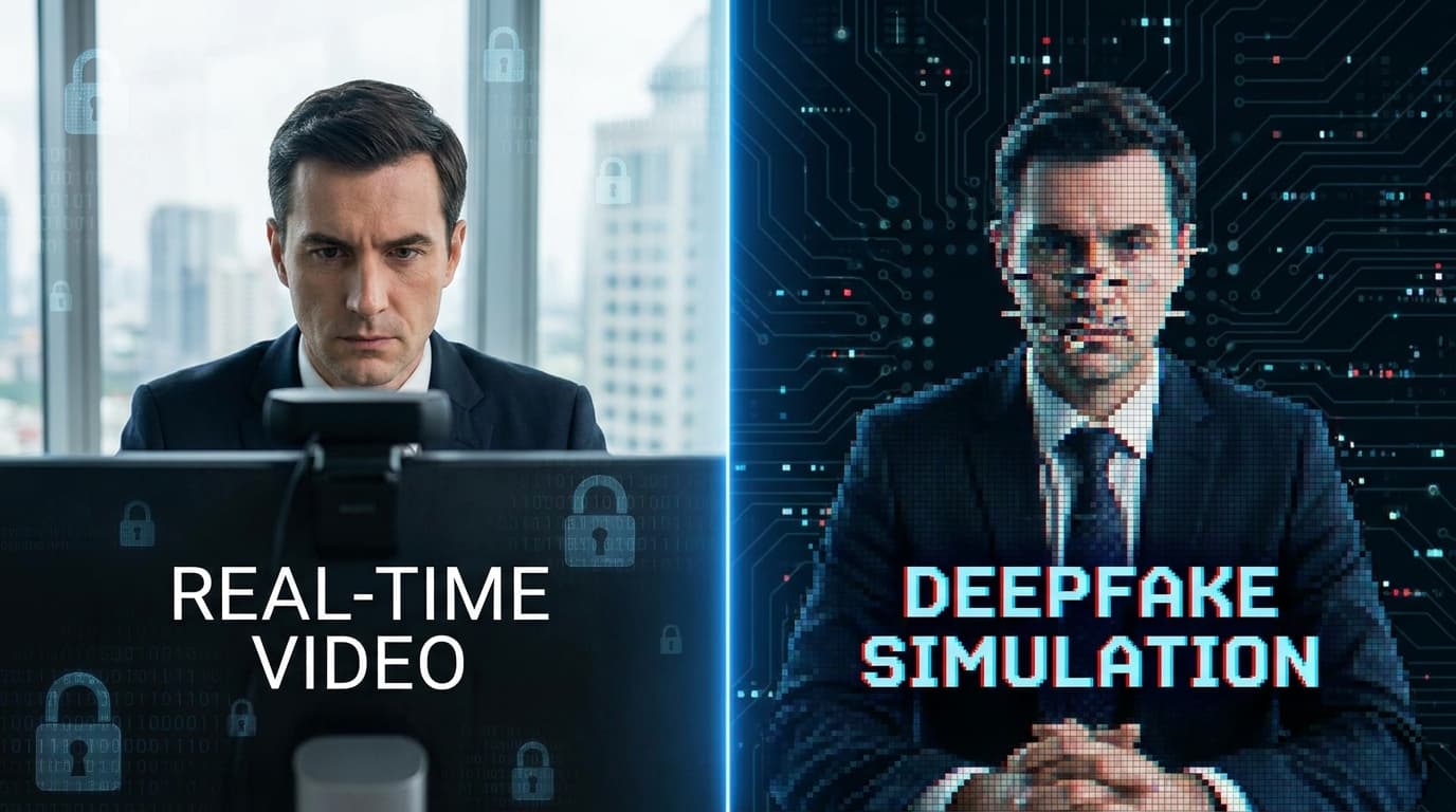 A conceptual image showing a business executive's face being digitally manipulated, representing the corporate threat of deepfake technology.