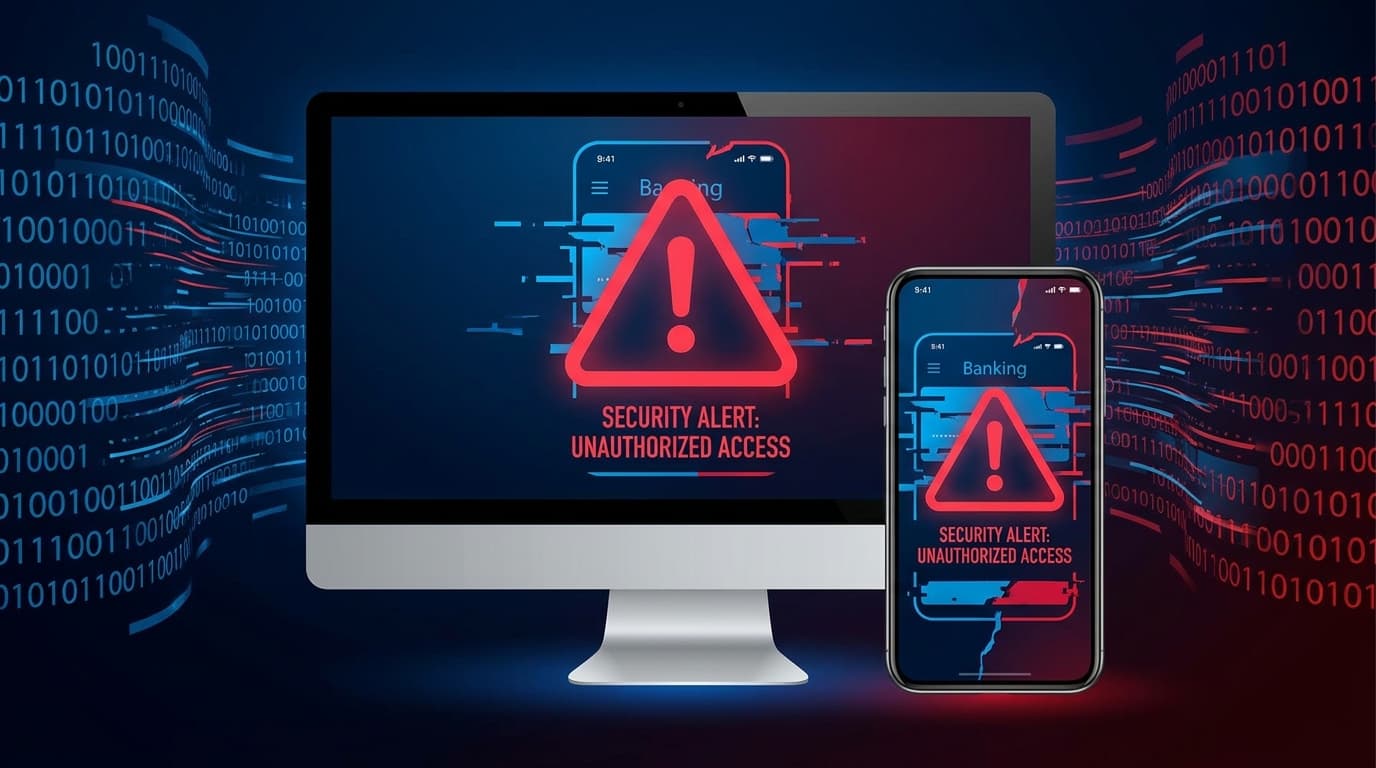 Illustration of a Windows computer and an Android phone under a malware attack, symbolizing a banking trojan threat.