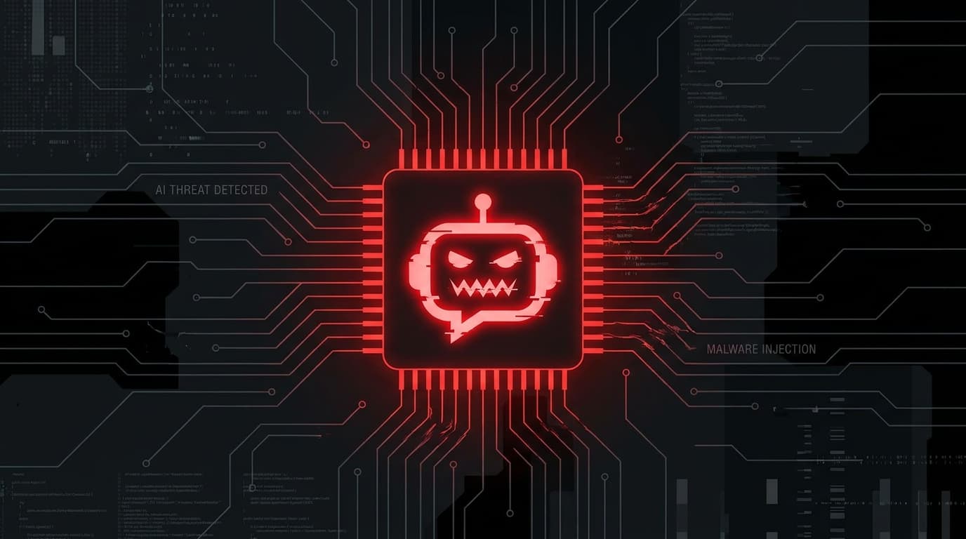 An abstract image representing an AI chatbot as a security threat, with a red icon on a circuit board.