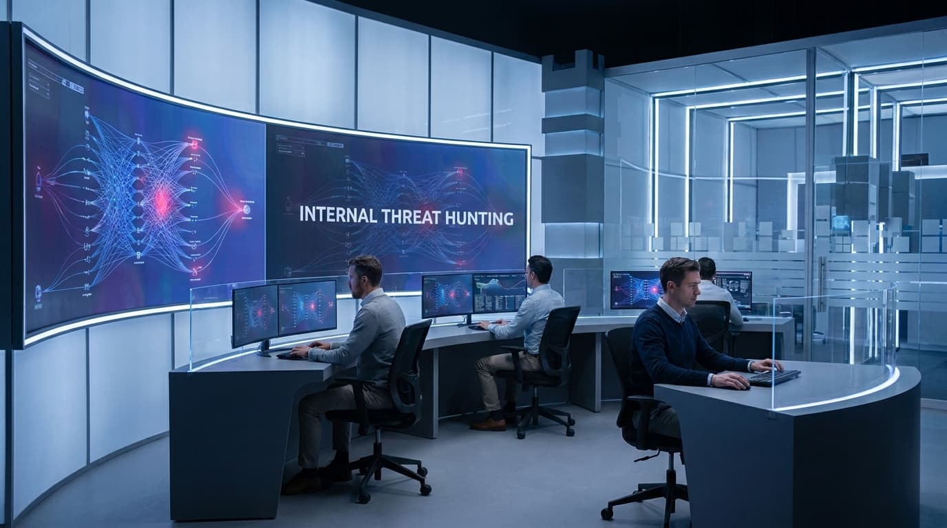 Analysts in a Security Operations Center (SOC) monitor internal network data, representing a modern approach to cybersecurity.