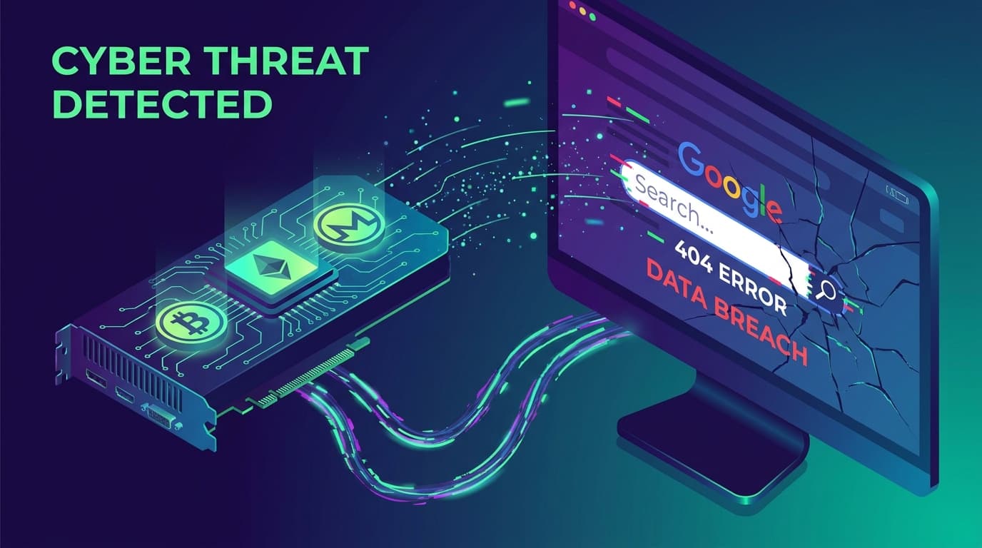 Conceptual image of a cryptojacking attack, showing a graphics card being exploited through a malicious search result.
