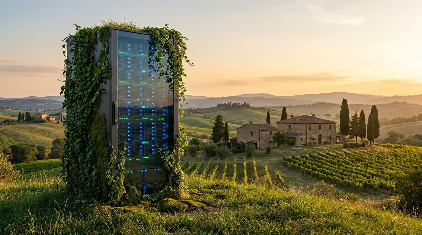 A data center server rack in a field, representing Italy's new tax on building tech infrastructure on green land.