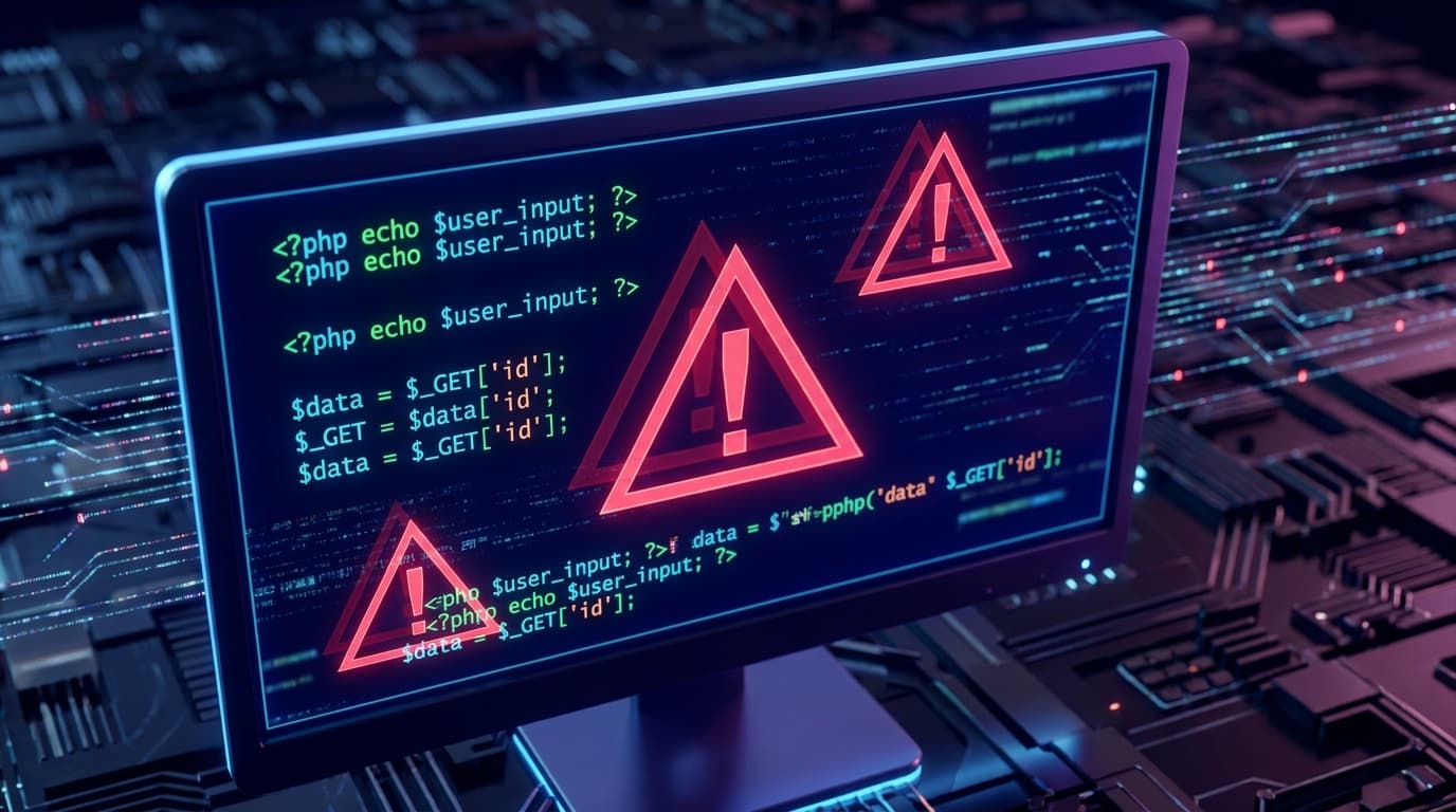 A conceptual image of a security vulnerability in PHP code, showing a broken link in a digital chain.