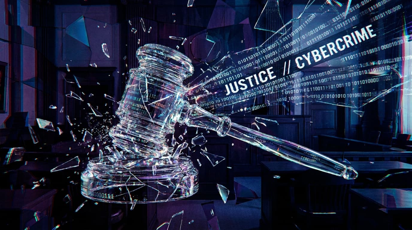 A digital illustration of a judge's gavel breaking, representing justice being served in a major cybercrime case.