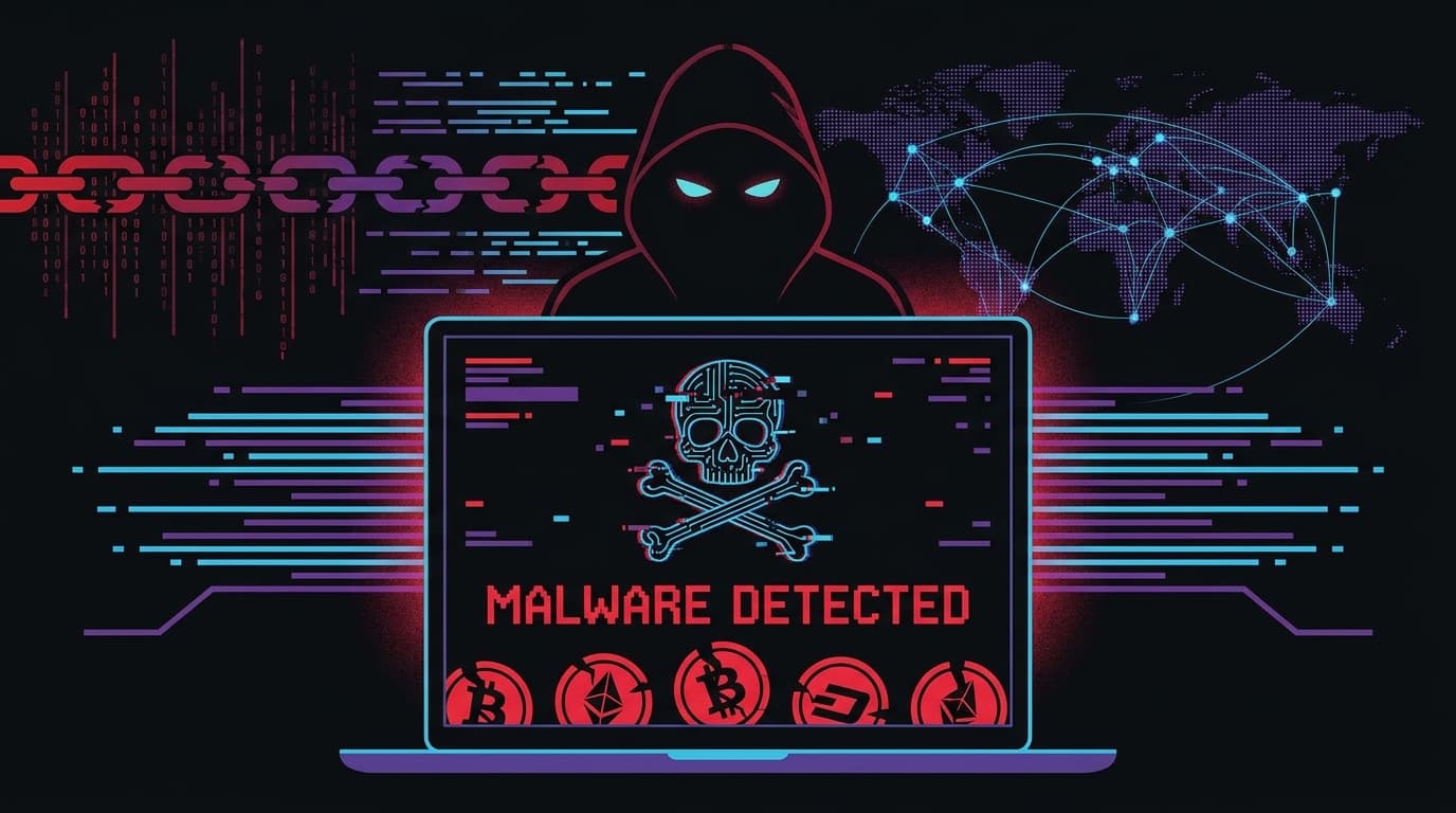 An illustration depicting a cyberattack, with a malware symbol on a computer screen targeting cryptocurrency.