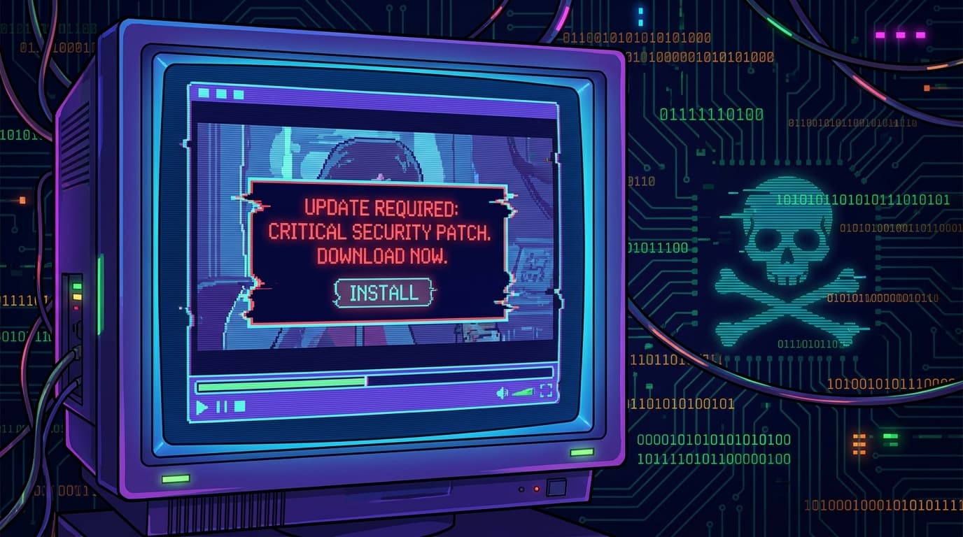 Illustration of a fake video player update pop-up on a computer screen, symbolizing a malware attack through pirated media sites.
