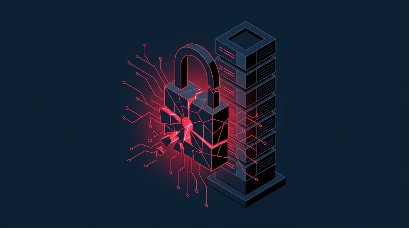 A conceptual image representing a cybersecurity vulnerability, showing a digital lock with a glowing red crack in it.