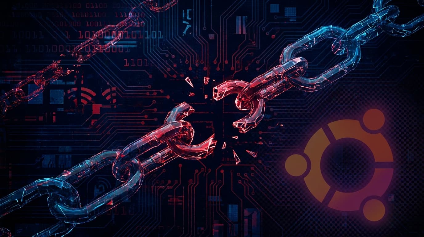 Abstract representation of a security flaw in the sed utility on Ubuntu Linux, showing broken links and code.