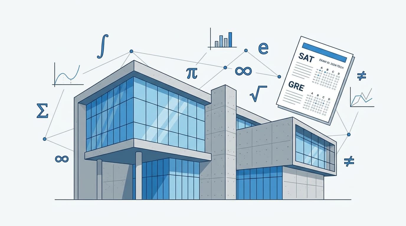 Illustration of a university building with math symbols, representing the debate over SAT tests for STEM admissions.